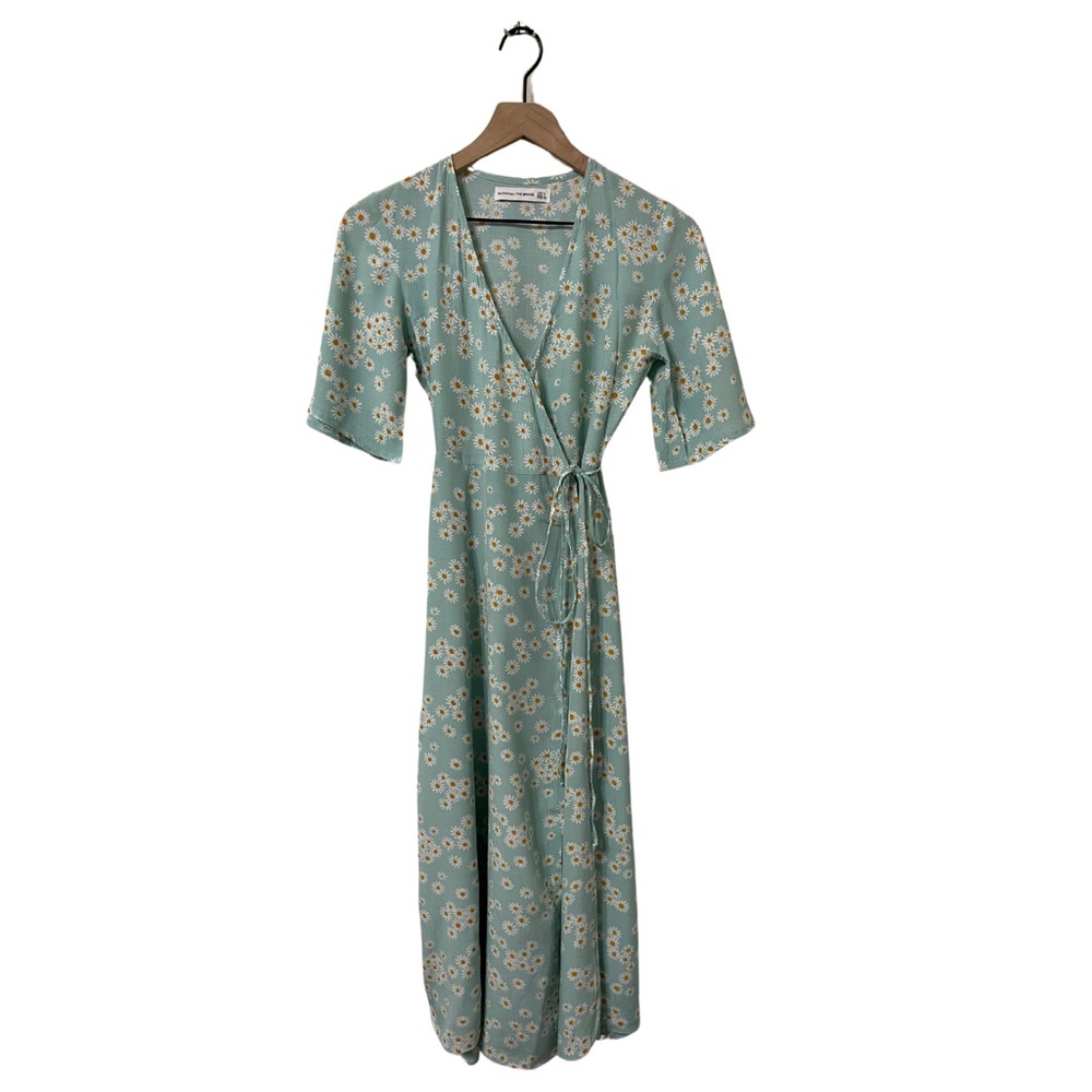 Faithfull The Brand Seafoam Green & Yellow Sunflower Midi Wrap Dress Size 2 - Picture 1 of 8
